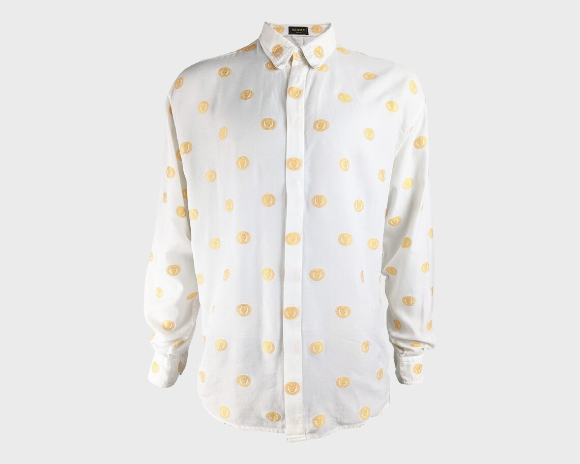 Image of Istante By Gianni Versace Mens Shirt White Cotton Embroidered Button Down