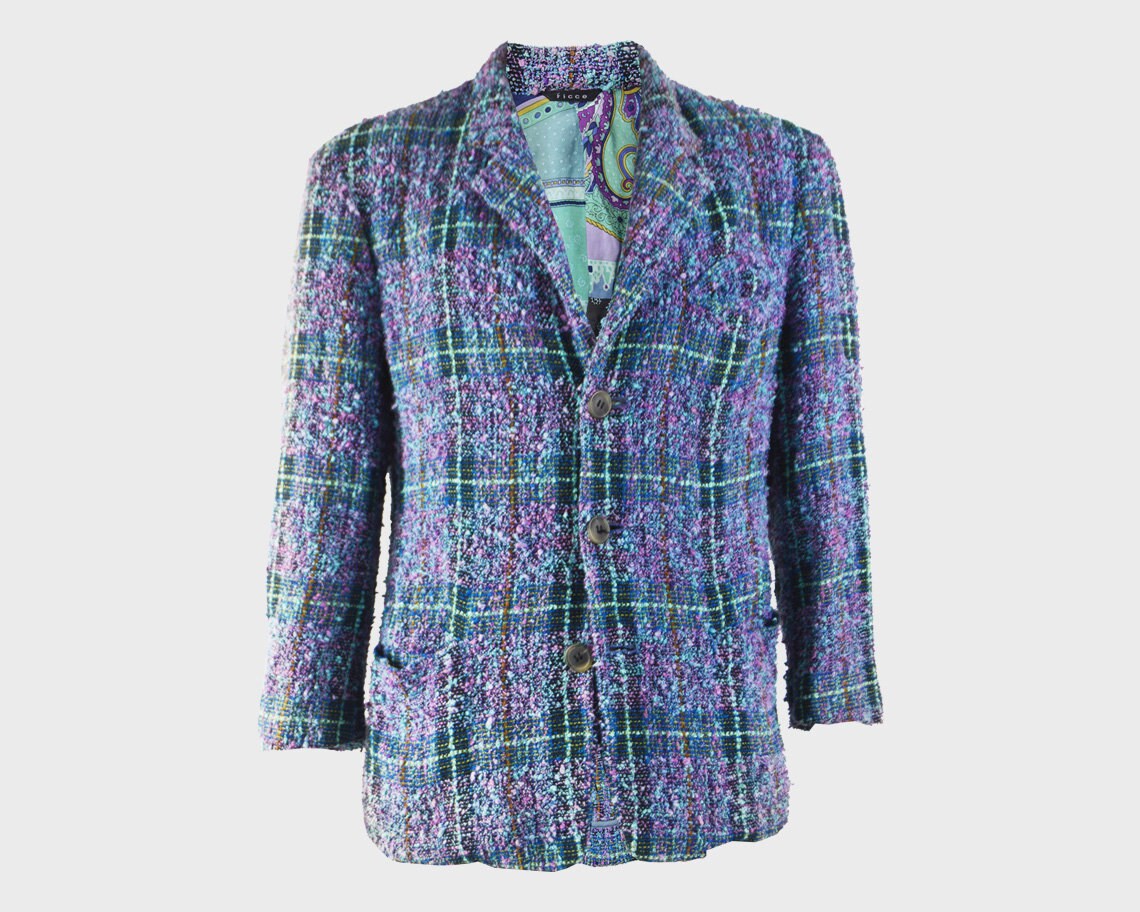 Image of Ficce Uomo 1980S Wool Boucle Blazer Tweed Jacket Men Blue Plaid