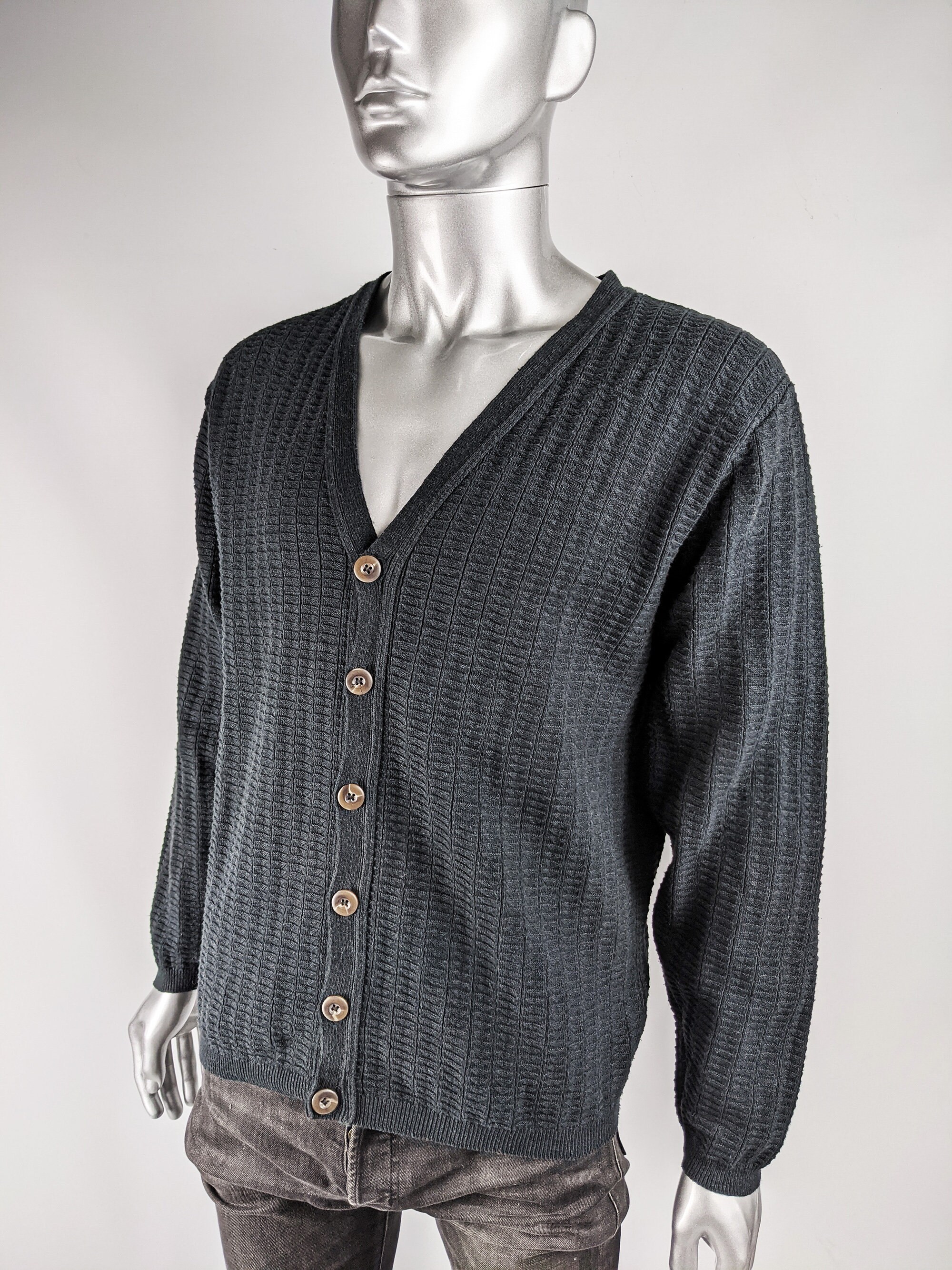 Vintage BILL BLASS Mens Cardigan Sweater Charcoal Grey Gents Knitwear Waffle Knit Made in the USA Classic 50s Style Preppy Cardigan 1980s Clothing Mens Clothing Jumpers Cardigans 