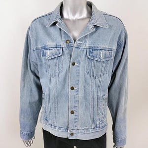 Vintage 90s Mens Light Blue Denim Jacket, Grunge Jean Jacket for Men, Pale Blue Stonewash Denim, Stone Wash Trucker Jacket, Medium M