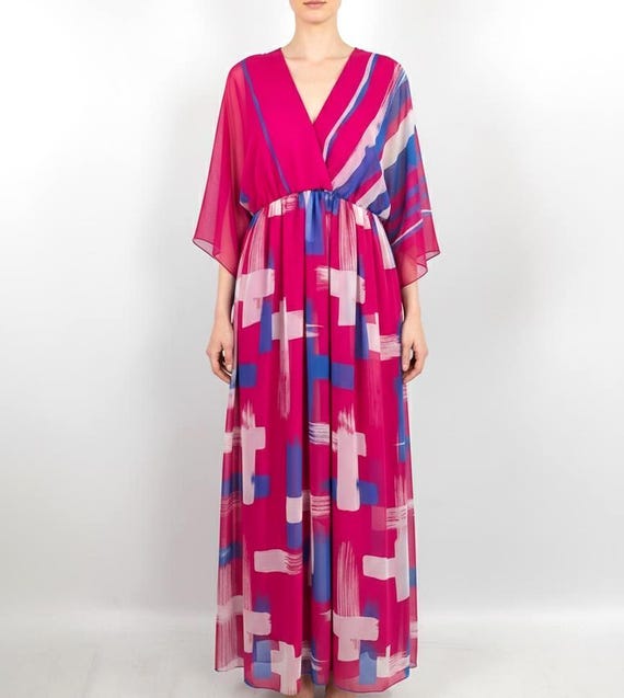 Vintage 70s Hanae Mori Chiffon Maxi Dress: Fuchsia Blouson Gown