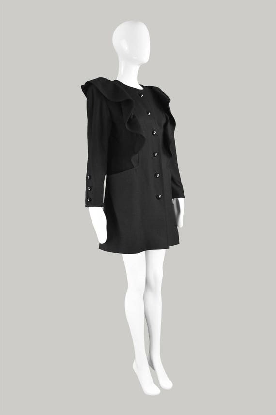 80s NINA RICCI Black Wool Coat Mini Length Ruffle… - image 5