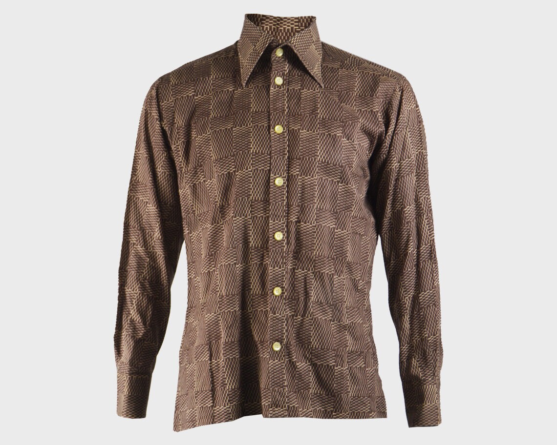 Image of 70S Mod Shirt Men Brown Cotton Long Sleeve Button Up Pointy Collar