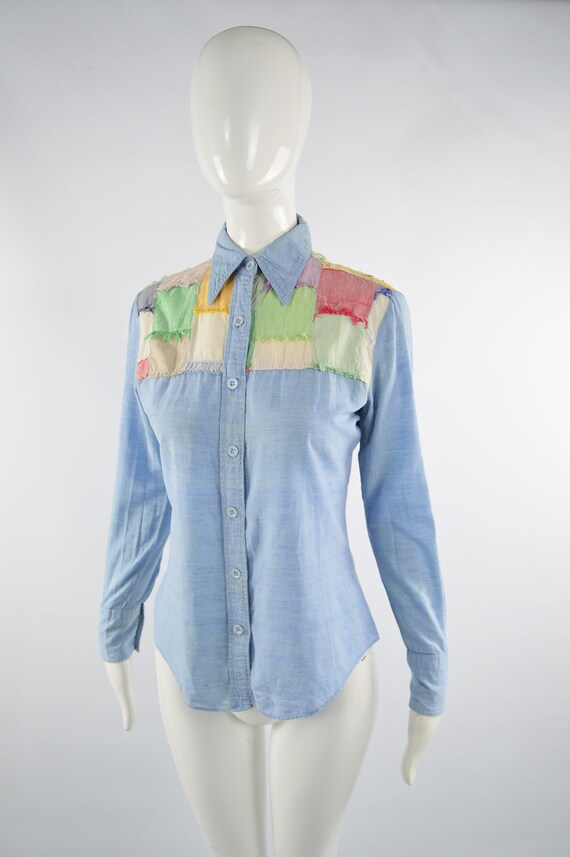 70s Boho Shirt Blue Chambray Patchwork Indian Cot… - image 3