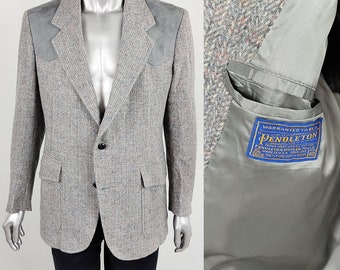 Vintage 70s 80s PENDLETON Blazer Wool Tweed Jacket, Grey Suede Panel, Western Blazer, Hunting Jacket, 1980s Preppy Sport Coat