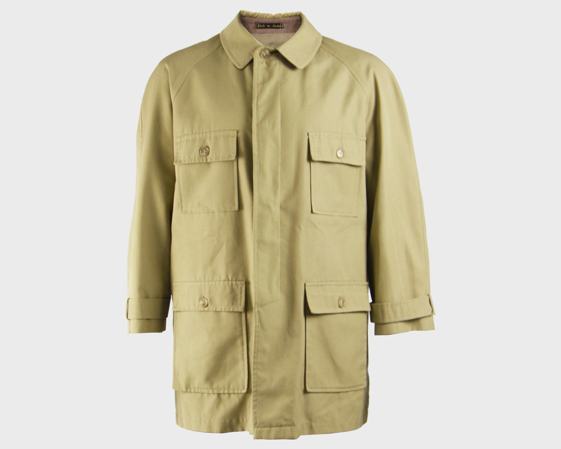 Image of Vintage Hardy Amies 70S Safari Jacket Mens Overcoat Khaki 1970S Mod Clothing For Men Patch Pockets Medium M