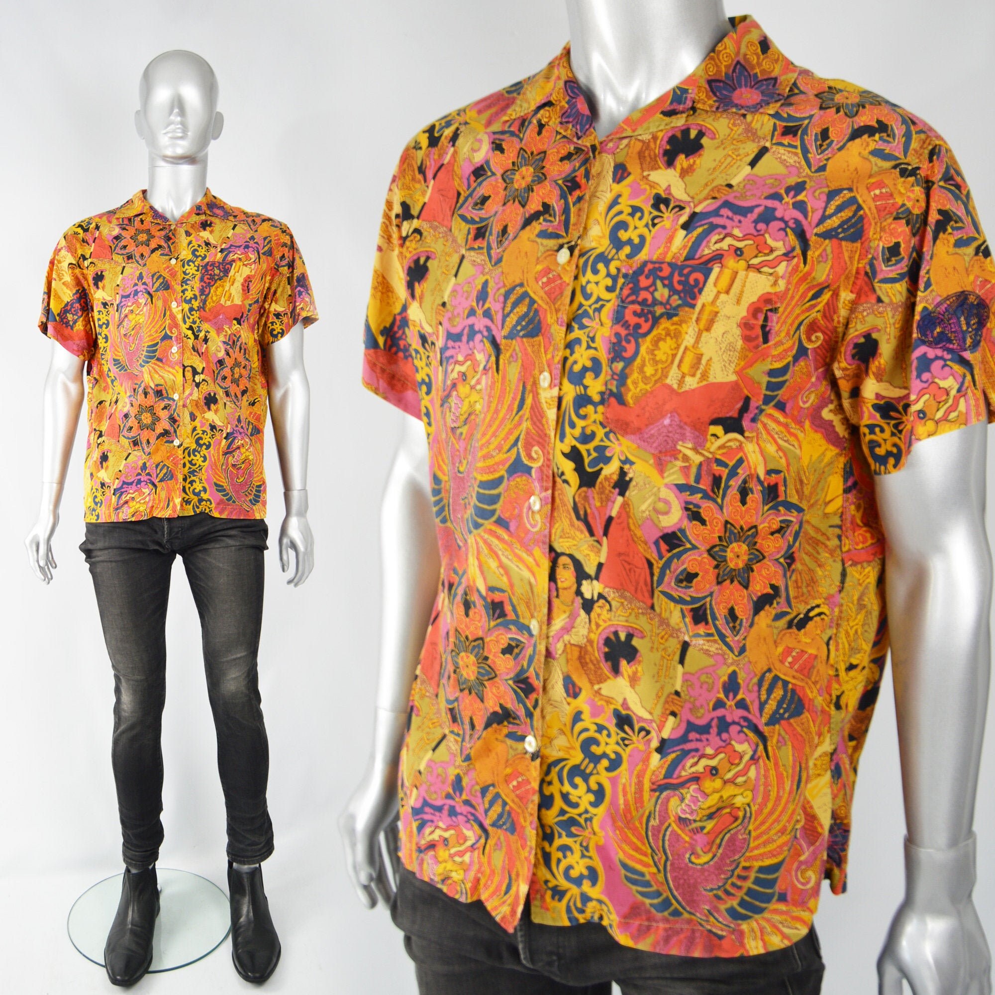 Image of Gianfranco Ferre Mens Cotton Shirt Pink & Orange Loud Print