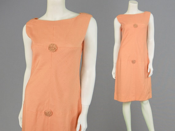 Vintage 60s FRANK USHER Peach Linen Shift Dress M… - image 1