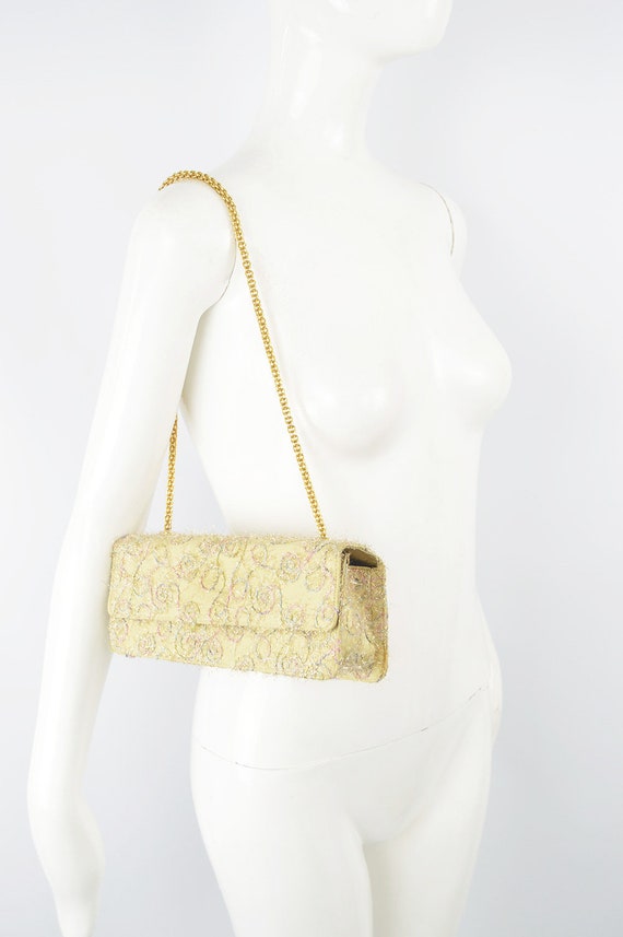 CHARLES JOURDAN Bag Pale Gold Satin Purse Embroidered Leather 