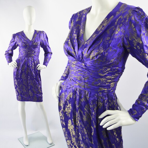EMANUEL UNGARO Dress Blue Silk Dress Gold Brocade Cocktail Dress 