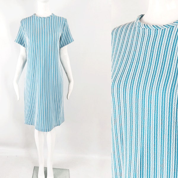 Vintage 60s Shift Dress, Blue & White Polyester Dress, Short Sleeve Dress, 1960s Dress, Mod Dress, Gogo Dress, A Line Dress