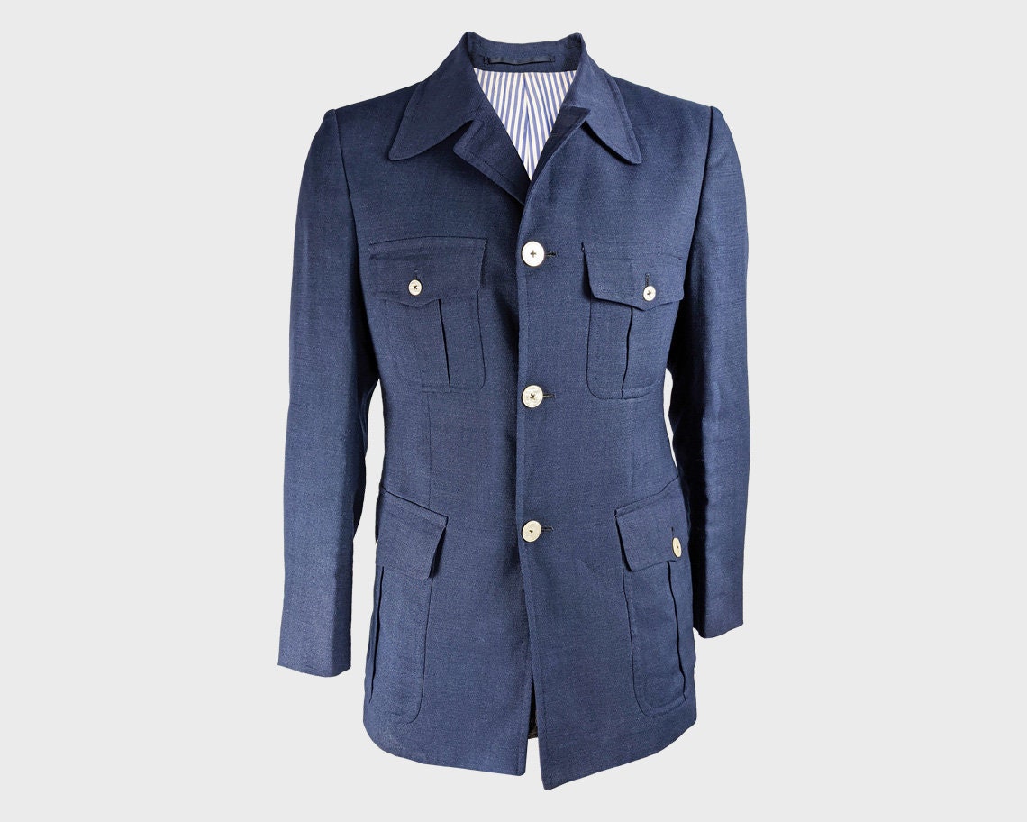 Image of 60S 70S Aquascutum 1960S Jacket Men Navy Blue Linen Safari