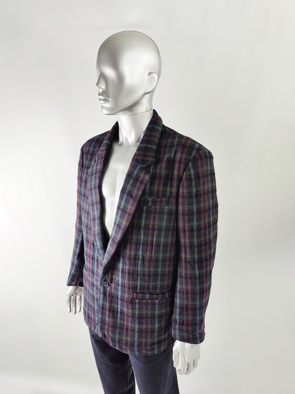 Vintage 80s Italian Plaid Blazer, Wool Cotton Blend, Themi