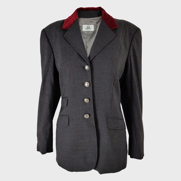 Blazer femme vintage des années 80, veste d'équitation, redingote femme, blazer gris, veste victorienne col en velours rouge veste sur mesure veste équestre