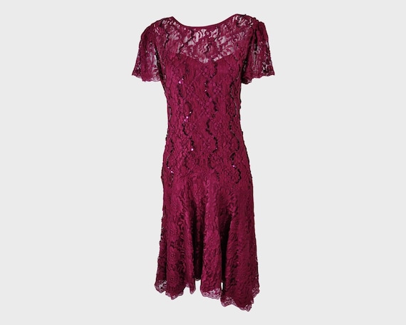 Vintage 80s Sequin Dress, Party Dress, Burgundy L… - image 1
