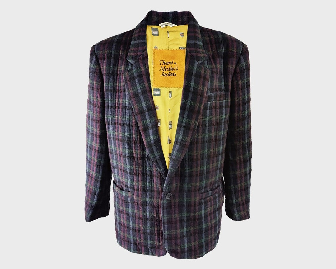 ジャケット・アウター 80s 90s ITALY plaid pattern coat EURO Vintage 80s Italian Plaid Blazer, Wool Cotton Blend, Themi