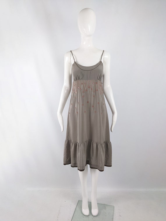 Robe vintage SANDRO robe en soie taupe fines bretelles robe brodee taille empire robe de soiree boheme createur Etsy France