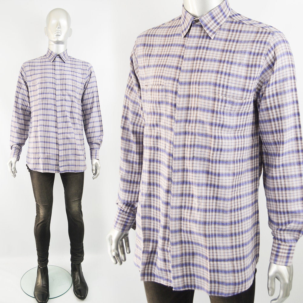 Image of Vintage Emanuel Ungaro Shirt, Mens Checked Plaid Pattern, Long Sleeves, Gents Button Up, Blue & Brown, Fly Front, Large 40 15.5