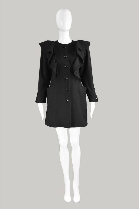 80s NINA RICCI Black Wool Coat Mini Length Ruffle… - image 2