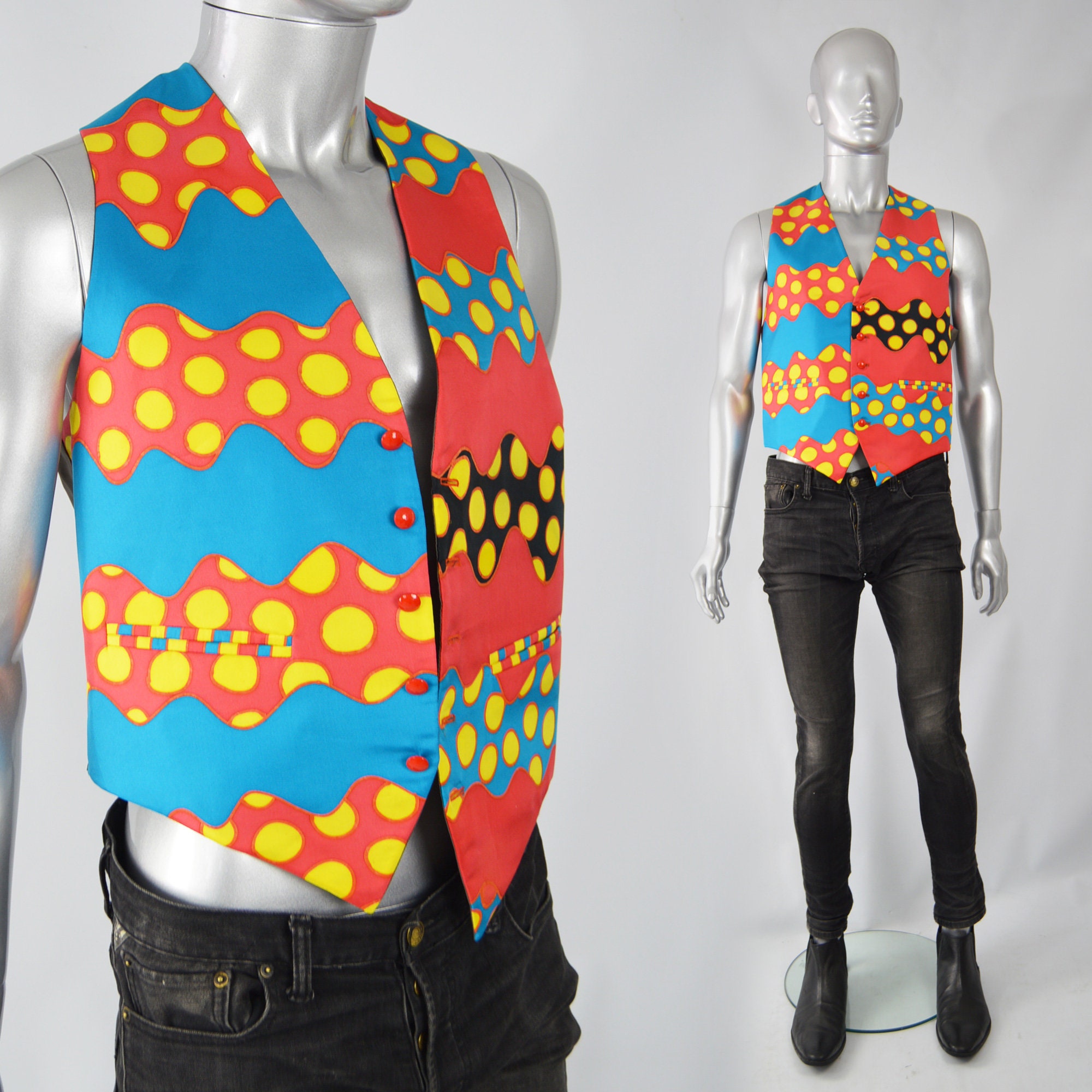 Image of 80S Handpainted Silk Waistcoat For Men Loud Print Blue Red Vest