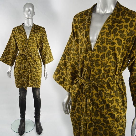 Mens Gold Paisley Print Cotton 60s Smoking Jacket