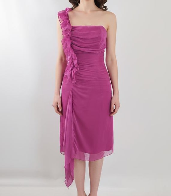 y2k chiffon dress Vintage Y2K Cerise Chiffon Dress, Corset Ribbon Tie, UK 8-10