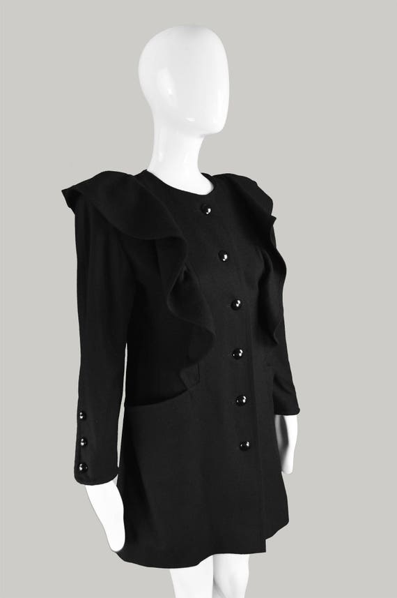 80s NINA RICCI Black Wool Coat Mini Length Ruffle… - image 6