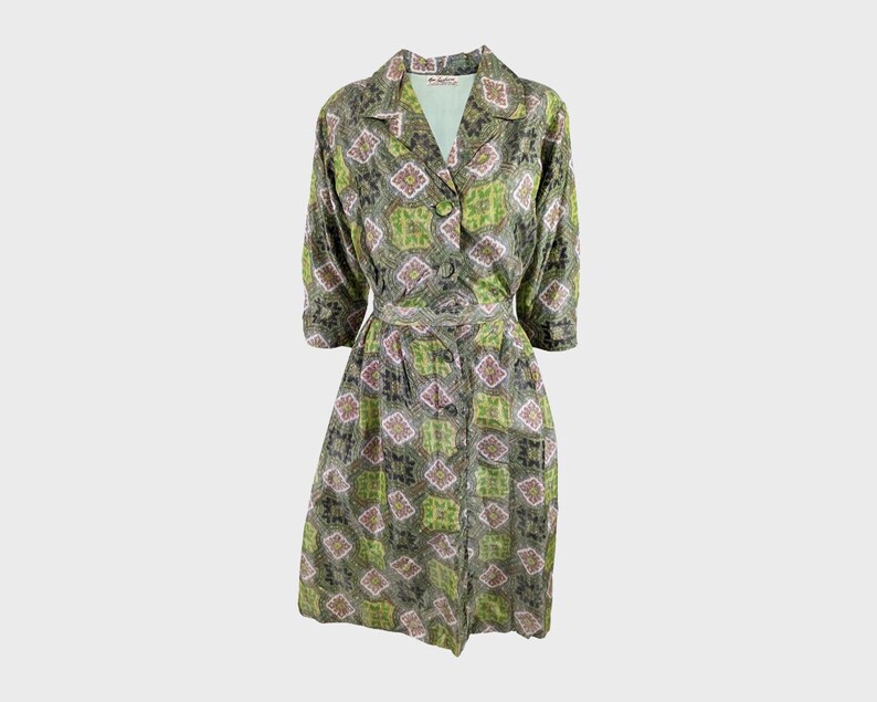 Robe vintage des années 1950 Robe chemise des années 50 Mme Barbieri Robe chemise verte à motifs des années 1950 UK 8 Small S image 1