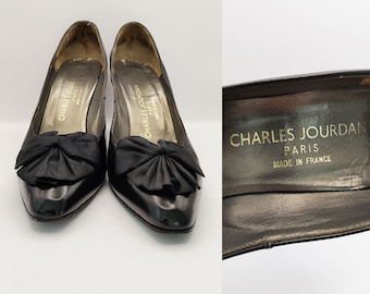 Chaussures de soirée Charles Jourdan en cuir noir vintage des années 80, jolis talons de designer avec nœud, escarpins en cuir fabriqués en France 8,5 UK 6 États-Unis