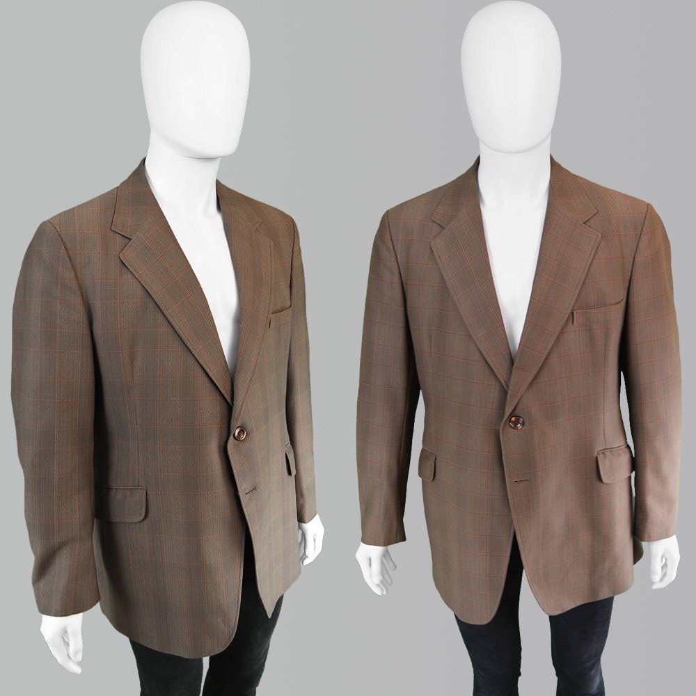 Image of 70S Blazer Brown Mens Plaid Check Checked Jacket 1970S Men Sport Coat Hipster Office