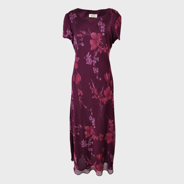 Fuschia sweetheart neckline long crepe dress with puff sleeves