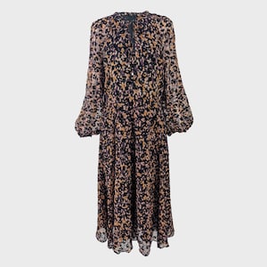 TOMMY HILFIGER Dress Devore Dress Burnout Velvet Dress Semi Sheer Party Dress Midi Dress Black & Purple Animal Print Dress Balloon Sleeve