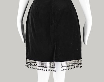 Vintage 80s Black Velvet Skirt Beaded Tassel Skirt Party Skirt Fringed  Gypsy Skirt Embellished Skirt Black Pencil Skirt High Waist Mini
