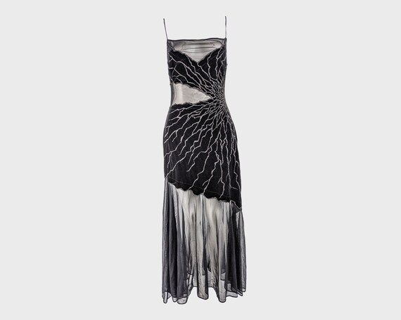TADASHI SHOJI 90s Mesh Dress Black Velvet Gown Bea