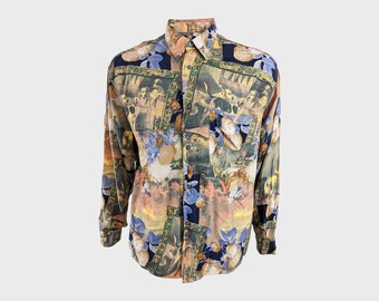 Vintage 90s Grunge Shirt All Over Print Dog Print Shirt Wearable Art Top Long Sleeve Shirt Italian Shirt Hunting Shirt 1990s Party Shirt