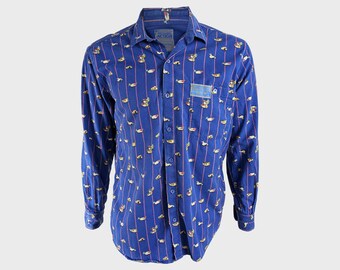 Vintage TRUSSARDI Cotton Shirt: Blue Duck Print, Striped Long Sleeve