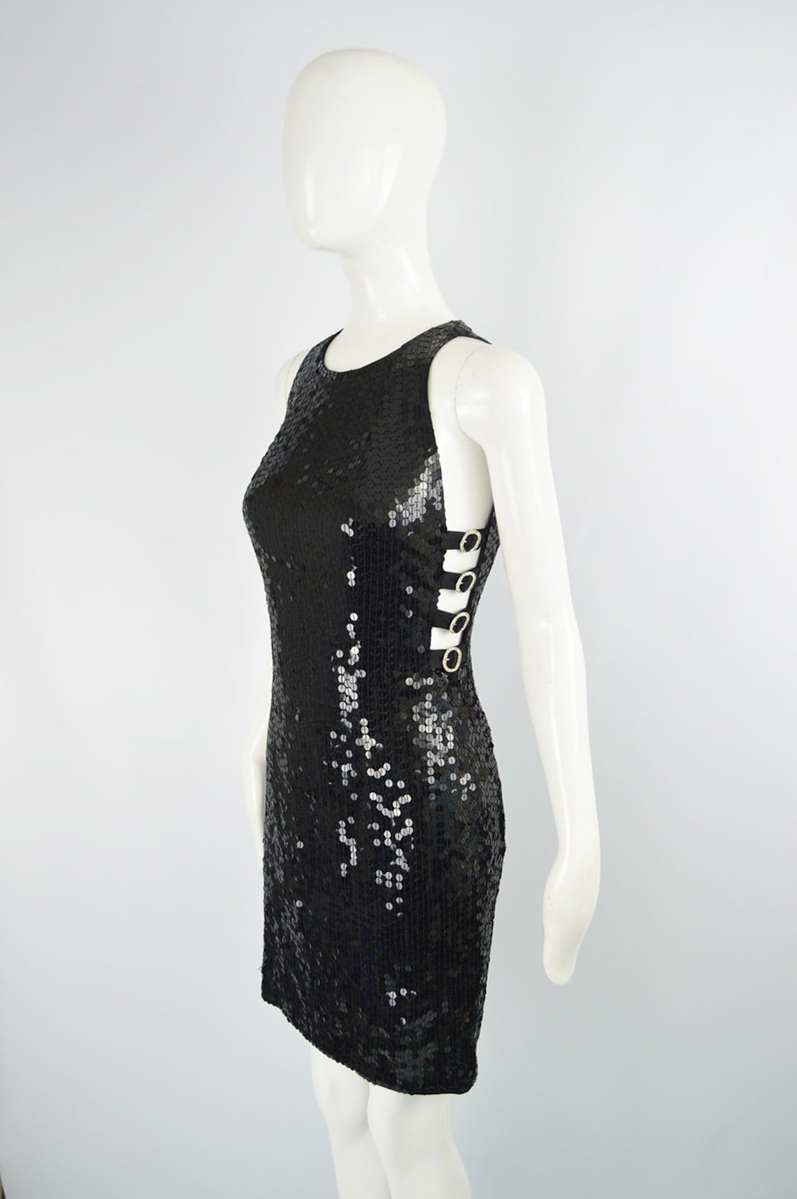 80s Black Sequin Dress Cocktail Party Cut Out Dress Beaded image 2