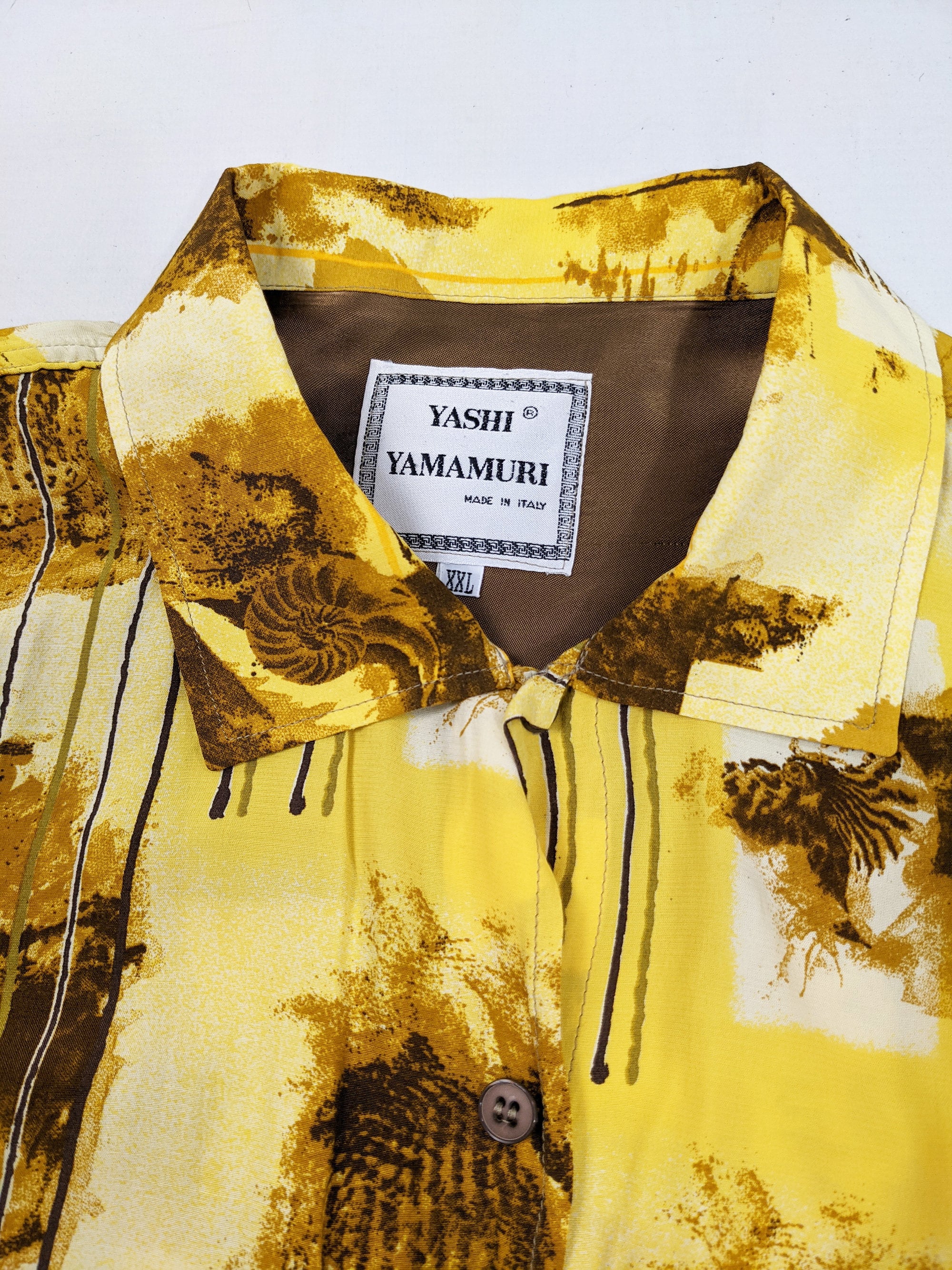 YASHI YAMAMURI 80s Shirt Men Yellow Rayon Hawaiian Shirt