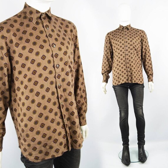 80s CACHAREL Shirt Mens Brown Shirt Mod Print Long