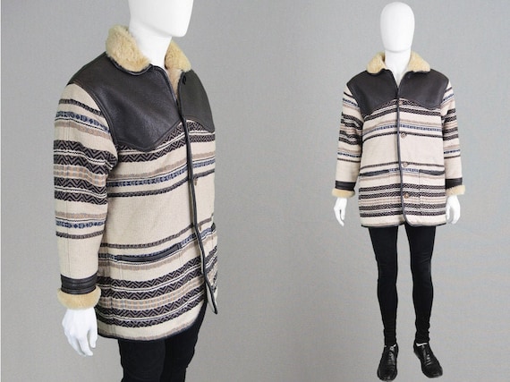 80s Mens Shearling Coat Woven Tapestry Coat Shear