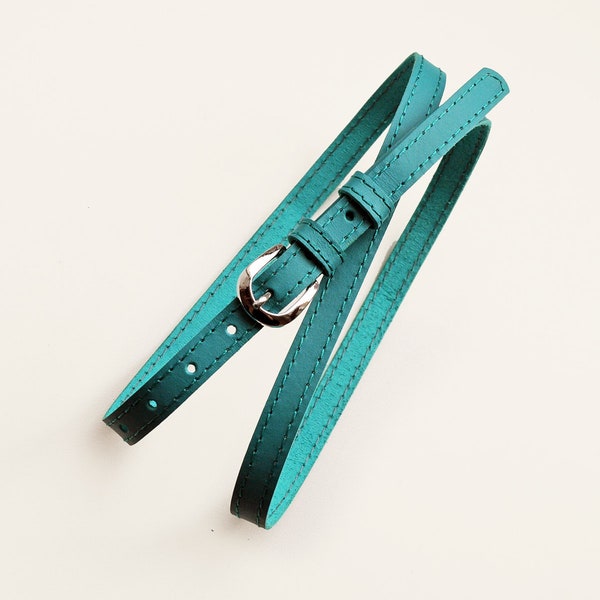 Turquoise leather belt for women with silver, gold or dark metal buckle