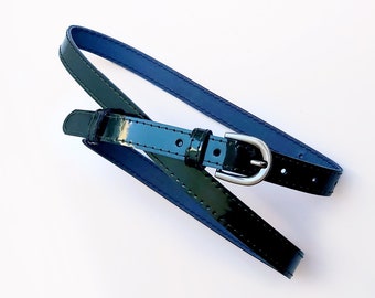 Dark emerald green patent leather belt for women, Natural patent skinny belt