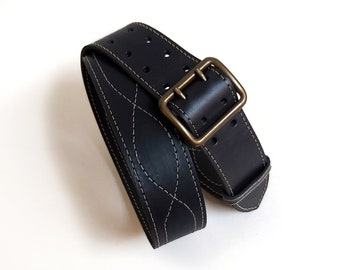 Men's military style leather belt with double prong buckle, 2 inch wide belt