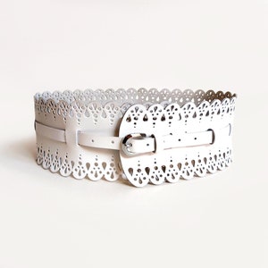 White Leather Corset Belt: Wide Lace Wedding Sash