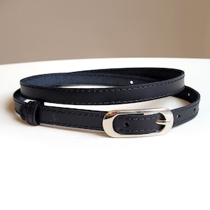 Leather black belt for women, Thin waist belt with oval buckle