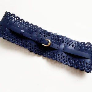 Leather lace corset belt. Navy blue leather waist belt for womens