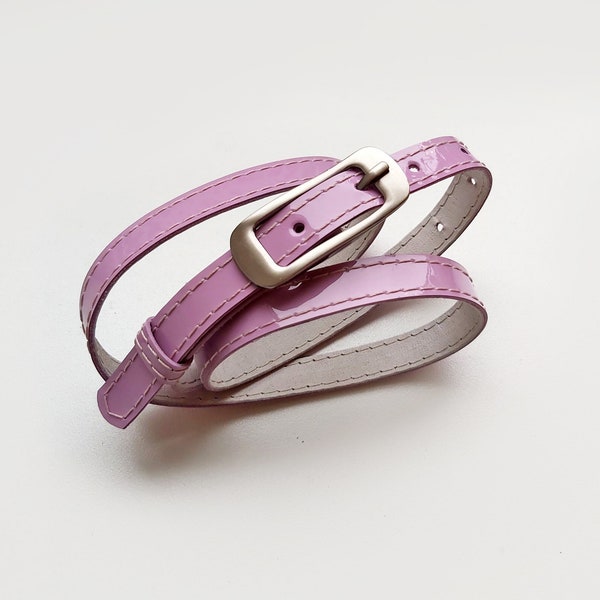 Lilac patent leather belt, Skinny waist belt in light purple color