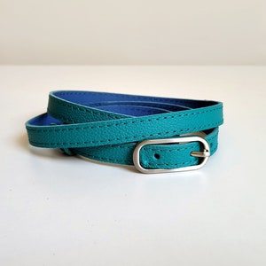 Turquoise leather belt for women with silver colour metal buckle image 1