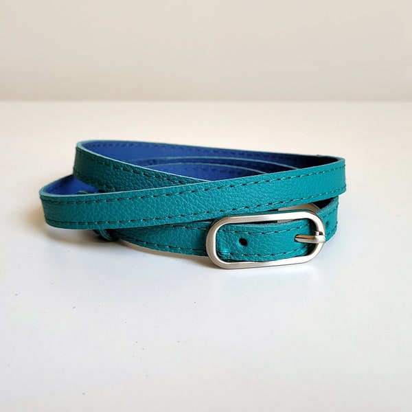 Turquoise leather belt for women with silver colour metal buckle