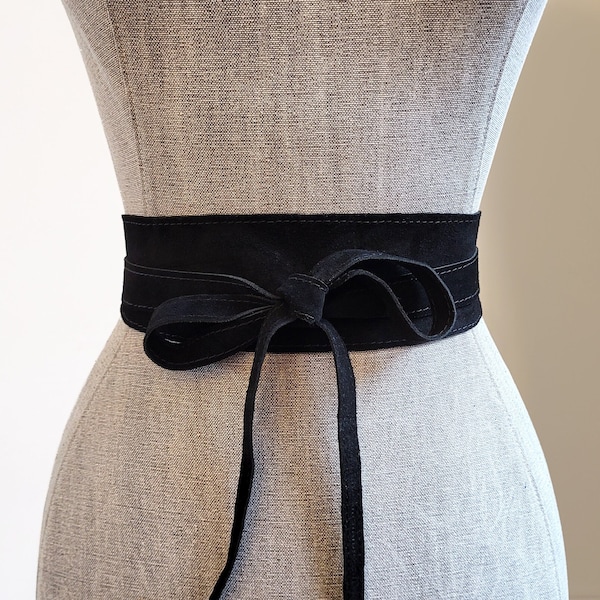 Ceinture obi en cuir noir, large ceinture portefeuille noire, en cuir suédé souple